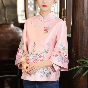 2023 Весна и осень, костюм в этническом стиле Тан, пальто, китайский топ с вышивкой в стиле ретро, женская элегантная свободная блузка