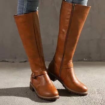 2023 г., высококачественная искусственная кожа, осенне-зимние женские сапоги до колена, Удобные женские ботинки на низком каблуке, Botas Largas De Mujer