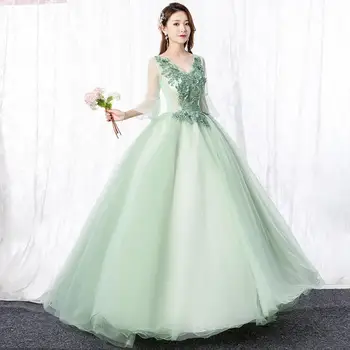 2023 Новые Пышные платья Классическое Бальное Платье Из Тюля С V-образным вырезом Зеленого Цвета С рукавами И Элегантными Кружевными Аппликациями Vestido De Baile