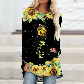 2023 осенняя женская футболка с рисунком Подсолнуха, женская модная футболка с бабочкой, Топы с длинными рукавами, Элегантная футболка S-5XL