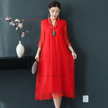 2024 китайское традиционное шифоновое платье с национальной цветочной вышивкой, платье с v-образным вырезом, восточное элегантное банкетное вечернее платье vestido