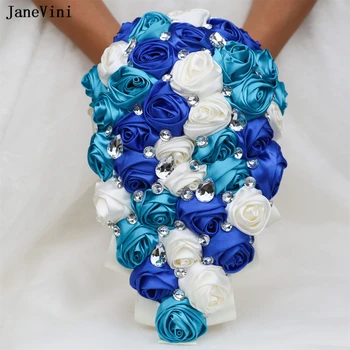 JaneVini Очаровательные Королевские Синие Цветы Водопад Свадебных Букетов Блестящие Хрустальные Искусственные Атласные Розы Каскадный Свадебный Букет