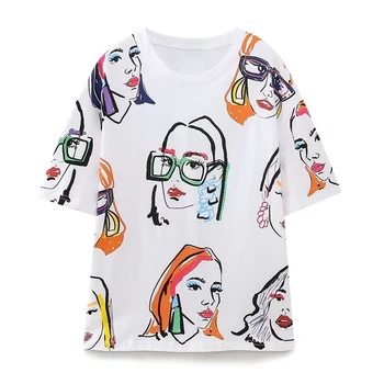 Maxdutti девочек мода печатных лето высокая улица свободный чистого хлопка повседневные топы для женщин футболка
