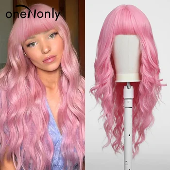oneNonly Длинный Розовый Парик с челкой, Натуральная волна, Термостойкие Волнистые волосы, Синтетические парики для женщин, Косплей Лолиты