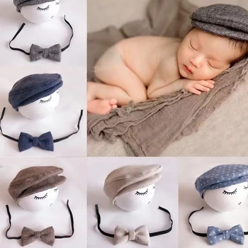Q81A 2 шт Реквизит для фотосъемки новорожденных, детская остроконечная шапочка-бини, однотонная шляпа с галстуком-бабочкой