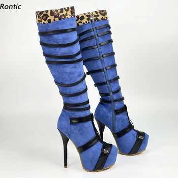 Rontic/ Женские зимние сапоги до колена на платформе с боковой молнией, пикантные туфли на шпильке с круглым носком, великолепные небесно-голубые розово-красные туфли, размер США 5-20