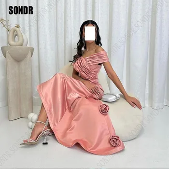 SONDR Вечерние платья из атласа с пыльно-розовыми цветами на спине, открытыми плечами, короткими рукавами, Вечерние платья для выпускного вечера, вечерние платья со складками, vestidos