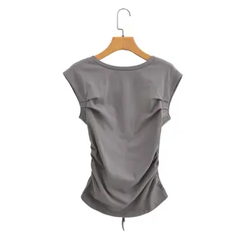 TRAF 2023 Женская модная повседневная футболка с однотонными складками, женская базовая футболка с круглым вырезом и отверстием сзади, шикарные топы на шнуровке для отдыха