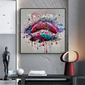 Абстрактное искусство граффити, красочные плакаты с губами и принты, настенное искусство, холст, желто-розовые губы, картинки для декора гостиной