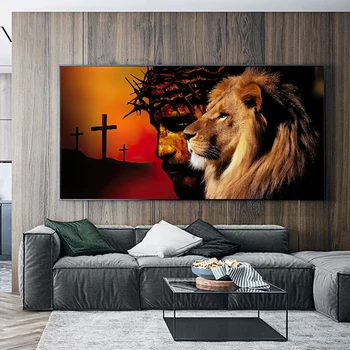 Абстрактный плакат с терновым венцом Льва Иисуса, Христианский крест, картина на холсте, настенное искусство с животными, Принт, домашний декор для гостиной