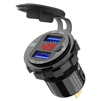 Автомобильное зарядное устройство Quick Charge 3.0 с двойным USB-разъемом 12 В, алюминиевая розетка с кнопкой переключения и красным цифровым вольтметром, водонепроницаемое