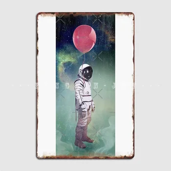 Астронавт на красном воздушном шаре с металлической вывеской для клубной вечеринки, печатные таблички, жестяная вывеска клубного бара, плакат