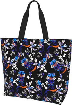 Винтажная синяя женская сумка с цветочным рисунком многоразового использования, большая женская сумка через плечо, модная сумка для офиса, покупок, дорожная сумка