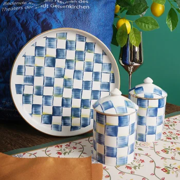 Высококачественный Минималистичный Керамический Декоративный Подсвечник в виде сине-белой шахматной доски в виде Баночки