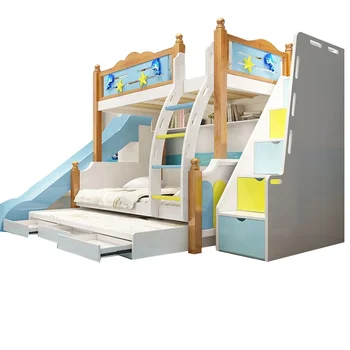 Деревянная Детская Двухъярусная Кровать Для Мальчиков С Горкой Красочные Комплекты Постельного Белья Для Детской Мебели