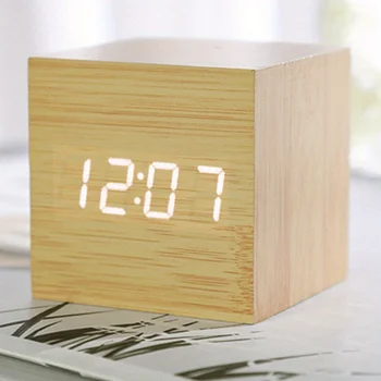 деревянный будильник с интеллектуальным голосовым управлением, 1 шт., без звука, светодиодный подарок для рукоделия с USB-батареей двойного назначения