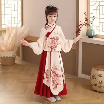 Детская Милая Вышивка Древний Костюм Хань Китайской Милой Традиционной Принцессы для Празднования Нового Года Детский Костюм Хань Т