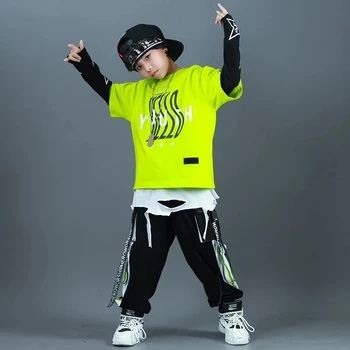 Детская модная одежда в стиле хип-хоп, уличная одежда с зеленой толстовкой оверсайз, Черные шорты-карго для девочек, одежда для джазовых танцев для мальчиков