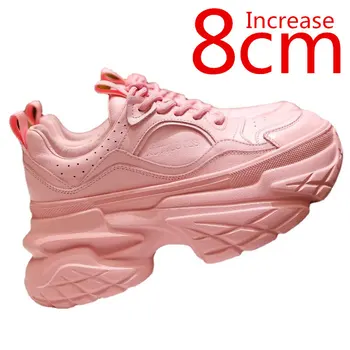 Европейский женский дизайн, увеличенный на 8 см, натуральная кожа, усиленная толстая подошва, Розовые папины туфли, женские весенне-осенние маленькие белые туфли