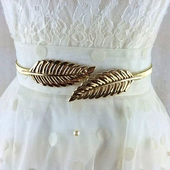 Женская мода Металлический пояс-цепочка с золотыми серебряными листьями, эластичный пояс для платья, юбки, ленты для женщин