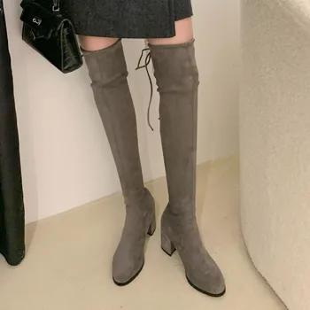 Женские осенние эластичные ботфорты выше колена из флока на высоком каблуке толщиной 7 см, без застежки, черные тонкие элегантные зимние длинные сапоги, обувь