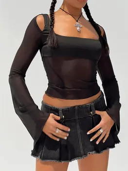 Женские футболки с длинным рукавом и квадратным вырезом, топы, тройники, облегающие лоскутные лоскутные топы из прозрачной сетки, клубная одежда