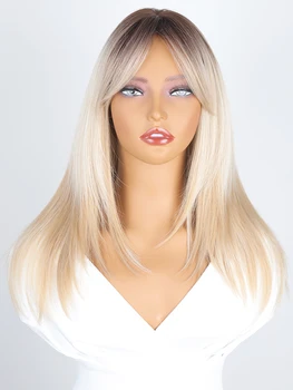 Женский парик с челкой из восьми символов, Градиентные светлые волосы средней длины, парик с завитками в виде хвоста, головной убор из высокотемпературного шелка