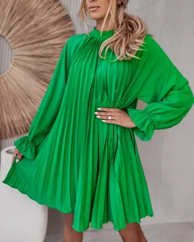 Женское новое зеленое плиссированное платье с длинным рукавом