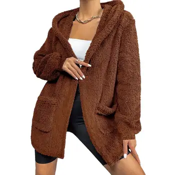 Женское плюшевое пальто, женское плюшевое пальто средней длины с капюшоном, верхняя одежда для осени-зимы, тренч свободного кроя, кардиган из шерсти ягненка