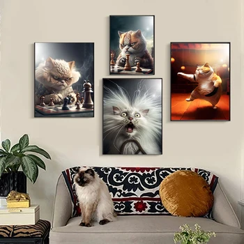 Забавный кот, играющий в шахматы, Ешьте еду, Рамэн, плакат, напечатанный в Европе, Картина на холсте, настенный декор для домашней кухни, столовой