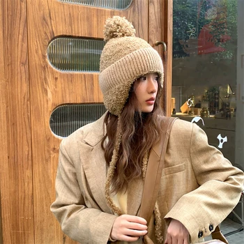 Зимняя вязаная шапка для женщин, теплая утолщенная шапка, Уличная Ветрозащитная Лыжная походная шапка, шапка для защиты ушей, теплые наушники, Шапочка