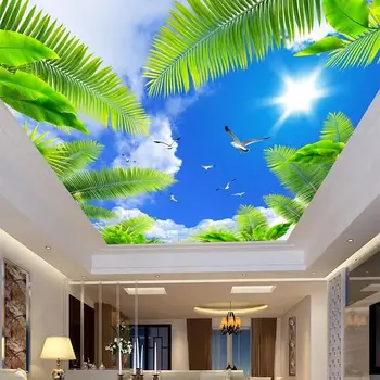 Изготовленные На Заказ Любого Размера 3D Настенные Панно Потолочные Фотообои Голубое Небо Солнечный Свет Пальмы Морские Птицы 3D Стерео Обои Papel De Parede Sala