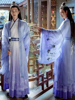 Китайский мужской комплект одежды Hanfu с перекрестным воротником Восточный Старинный костюм для вечеринки Косплей Wuxia Fancy Outfit Пара Фиолетовый Комплект Hanfu