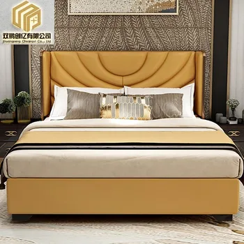 Кожаная кровать современная светлая роскошная минималистичная спальня для виллы двуспальная кровать с мягкой спинкой главная спальня свадебная кровать из массива дерева