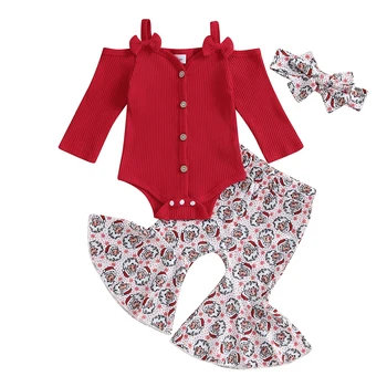 Комплект одежды из 3 предметов для маленьких девочек, рождественский комбинезон в рубчик с открытыми плечами и расклешенные брюки с принтом, комплект с повязкой на голову, осенняя одежда