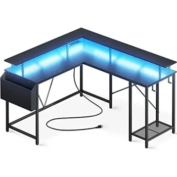 Компьютерный стол L-образной формы с Розетками питания и светодиодной Подсветкой, Угловой Игровой стол с Тканевой сумкой Для хранения, Полки для мониторов с крючками