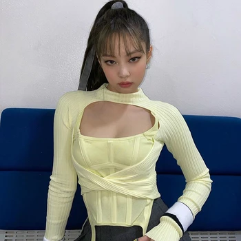 Корейская женская группа Kpop Jennie Summer New Ретро Тонкая футболка с длинным рукавом, трикотажная футболка, женские сексуальные топы для ночного клуба