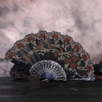 Кружевной Шелковый складной веер в китайском стиле, винтажный цветочный узор, Танцевальная свадебная вечеринка, ручной Фан-арт, ремесленный декор