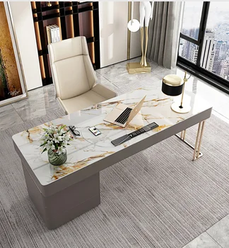 Легкий роскошный стол с глянцевой каменной панелью сочетание офисного стола и стула современный настольный компьютерный стол рабочий домашний письменный стол