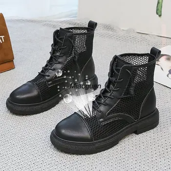 Летние женские ботильоны 2023 г., Новая брендовая женская обувь с массивным вырезом, Черный круглый носок, шнуровка, Женская мода, Комфорт на платформе