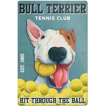 Металлическая жестяная вывеска с собакой, теннисный клуб Бультерьера, удар по мячу, металлический плакат, клуб, гостиная, ванная комната, Домашняя настенная художественная вывеска
