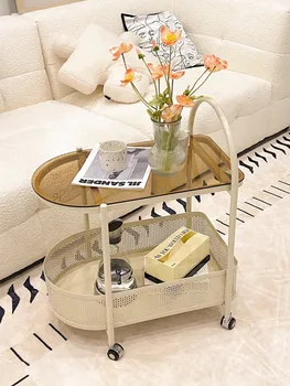 Металлический стеллаж для хранения со стороны дивана в кремовом стиле, тележка для журнального столика в гостиной, стеклянный железный столик