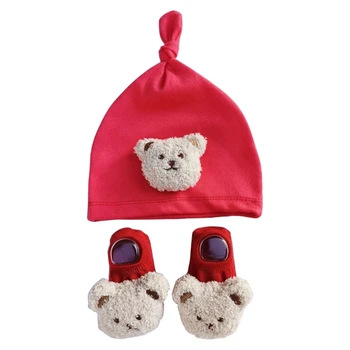 Милая детская шапочка, головной убор для новорожденных с рисунком милого медведя, носки, Противоскользящая, дышащая шапочка для защиты от детей, завязанная узлом.