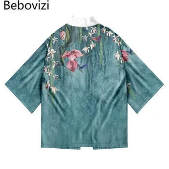 Модное уличное кимоно с цветочным принтом, мужской женский кардиган, японский традиционный халат, летняя пляжная одежда Хаори