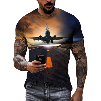 Модные Новые футболки с изображением самолета с 3D-принтом для мужчин, летний тренд, повседневная Забавная уличная одежда с круглым вырезом и коротким рукавом, Футболки, топы