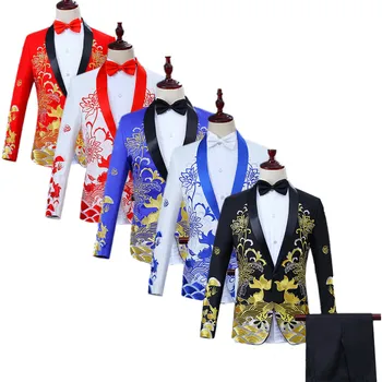 Модный Мужской деловой костюм с вышивкой, 2 предмета, черный/ красный / синий, Классическое Мужское платье для свадебной танцевальной вечеринки, блейзер, куртка и брюки