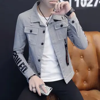 Мужская красивая тонкая куртка мужская корейская версия приталенной джинсовой моды индивидуальная мужская универсальная джинсовая куртка