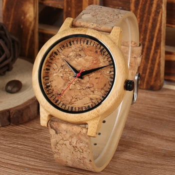 Мужские кварцевые аналоговые бамбуковые часы из натуральной кожи, Винтажные Стильные наручные часы с красным секундным циферблатом, ремешок с пряжкой