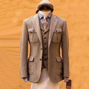 Мужской костюм в елочку, Элегантный Мужской костюм с 4 карманами, комплект из 3 предметов (куртка + жилет + брюки), Светские Костюмы для мужчин, роскошная мужская одежда