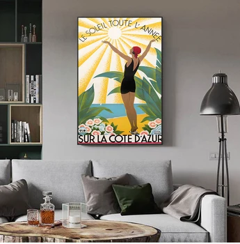 На Лазурном берегу Франции Винтажный туристический плакат с принтом, Красочная настенная живопись на холсте, Французская Ривьера Broders Home Wall Decor